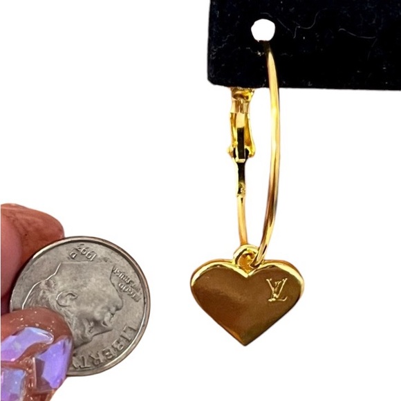 Upcycled Gold LV Louis Vuitton Stamped Charm Hoop Earrings - Picture 4 of 13